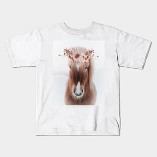 Icelandic Horse Portrait with Flowers Kids T-Shirt